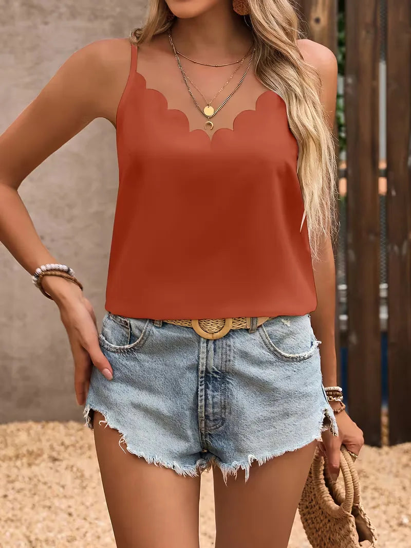V-neck tank top with scallop trim