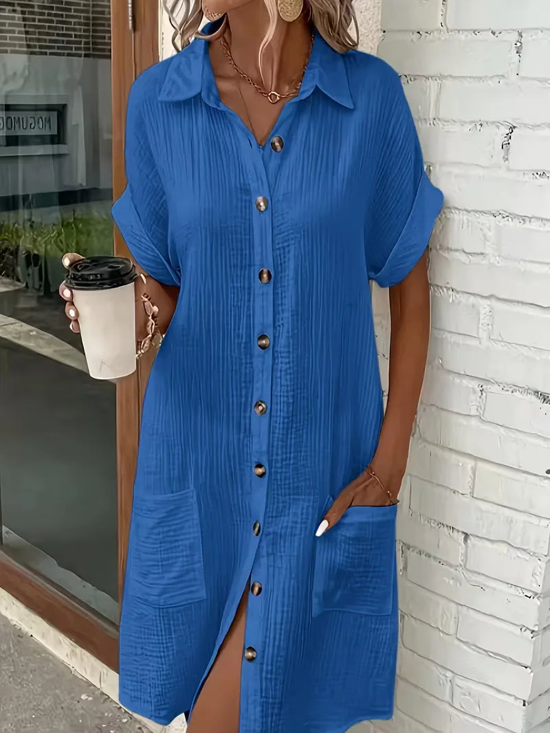 Shirt dress with V-neck and short sleeves