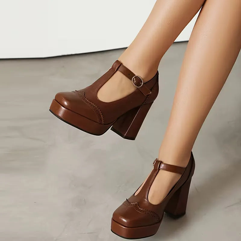 Block heel shoes with ankle strap