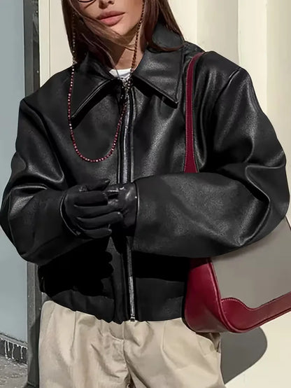 Leather jacket with wide collar