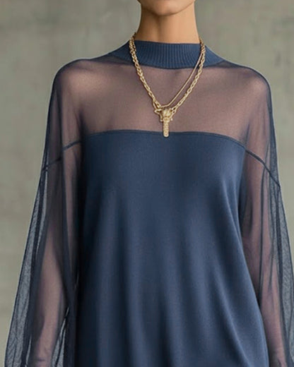 Casual patchwork dress with lantern sleeves