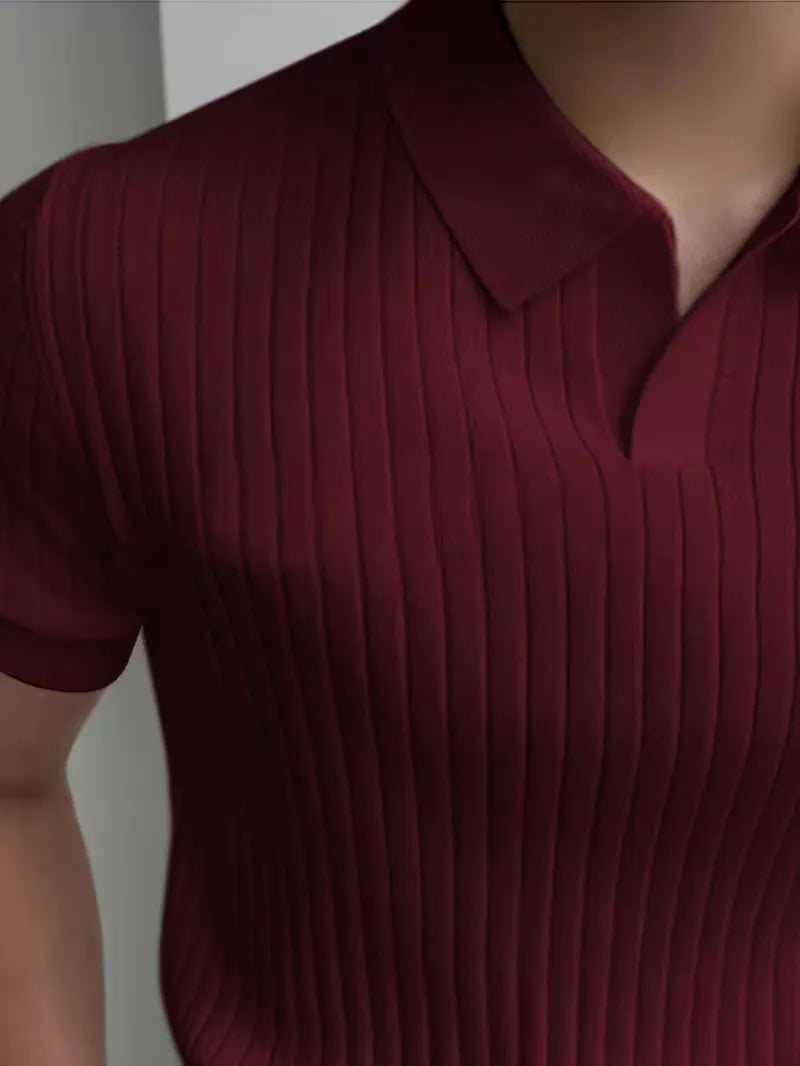 Polo with V-neck and ribbed texture