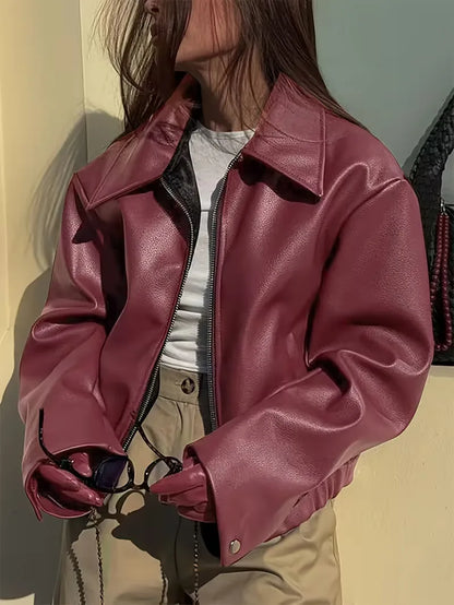 Leather jacket with wide collar