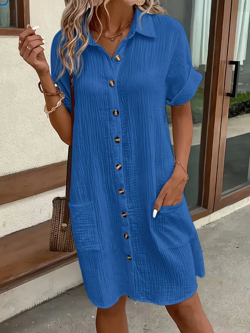 Shirt dress with V-neck and short sleeves
