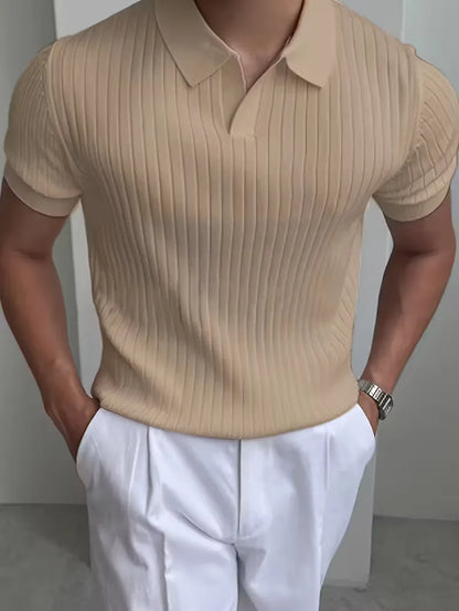 Polo with V-neck and ribbed texture