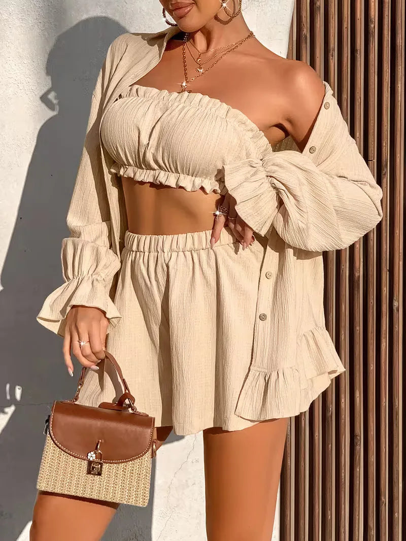 Three-piece set with ruffle details