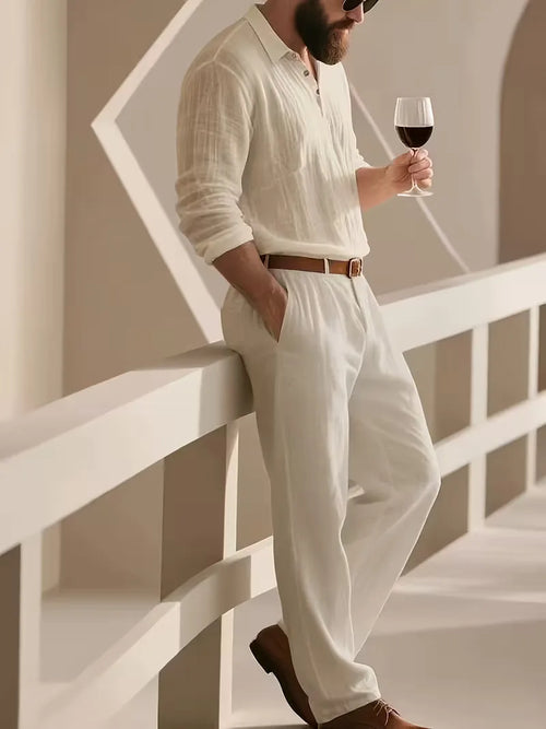 Linen suit with mandarin collar