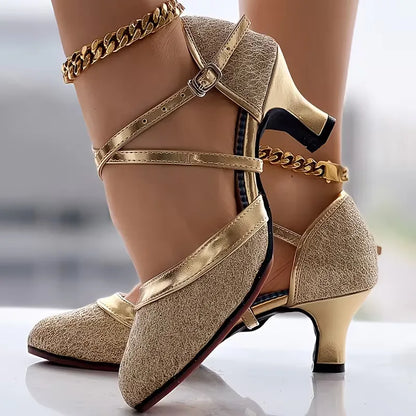 Block heels with golden accents