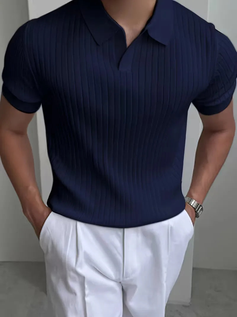 Polo with V-neck and ribbed texture