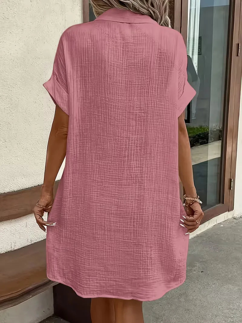 Shirt dress with V-neck and short sleeves
