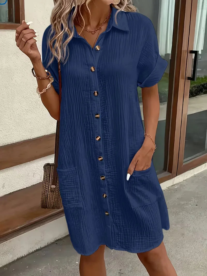 Shirt dress with V-neck and short sleeves