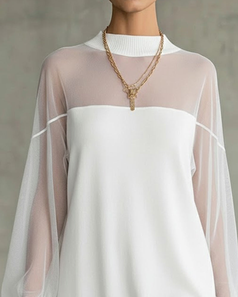 Casual patchwork dress with lantern sleeves