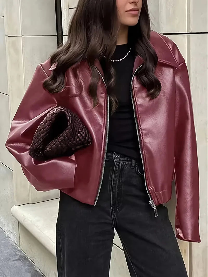 Leather jacket with wide collar