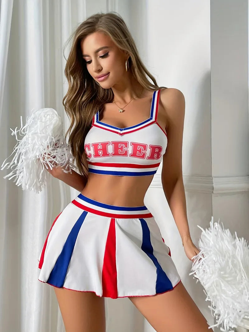 Cheerleader uniform with sporty top and short skirt