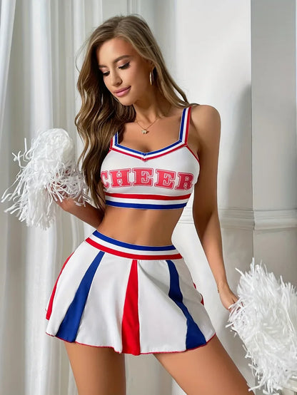 Cheerleader uniform with sporty top and short skirt
