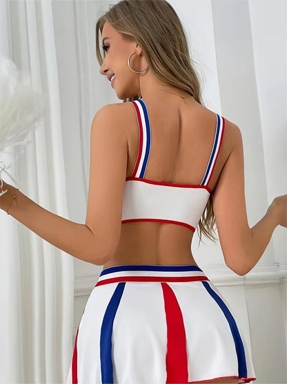 Cheerleader uniform with sporty top and short skirt