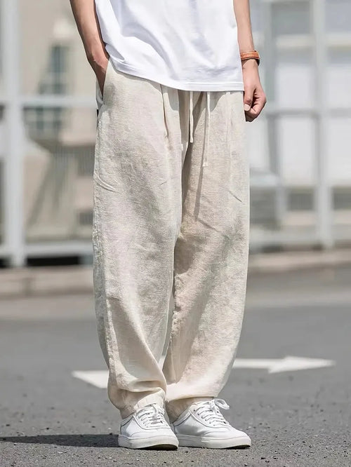 Baggy linen trousers with elastic waistband