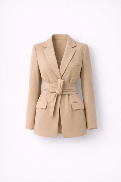 Blazer with Tie Belt and Deep V-Neck