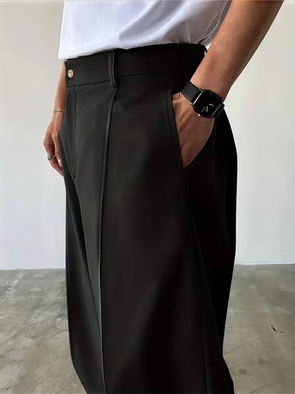 Pleated Design Trousers with Loose Straight Leg