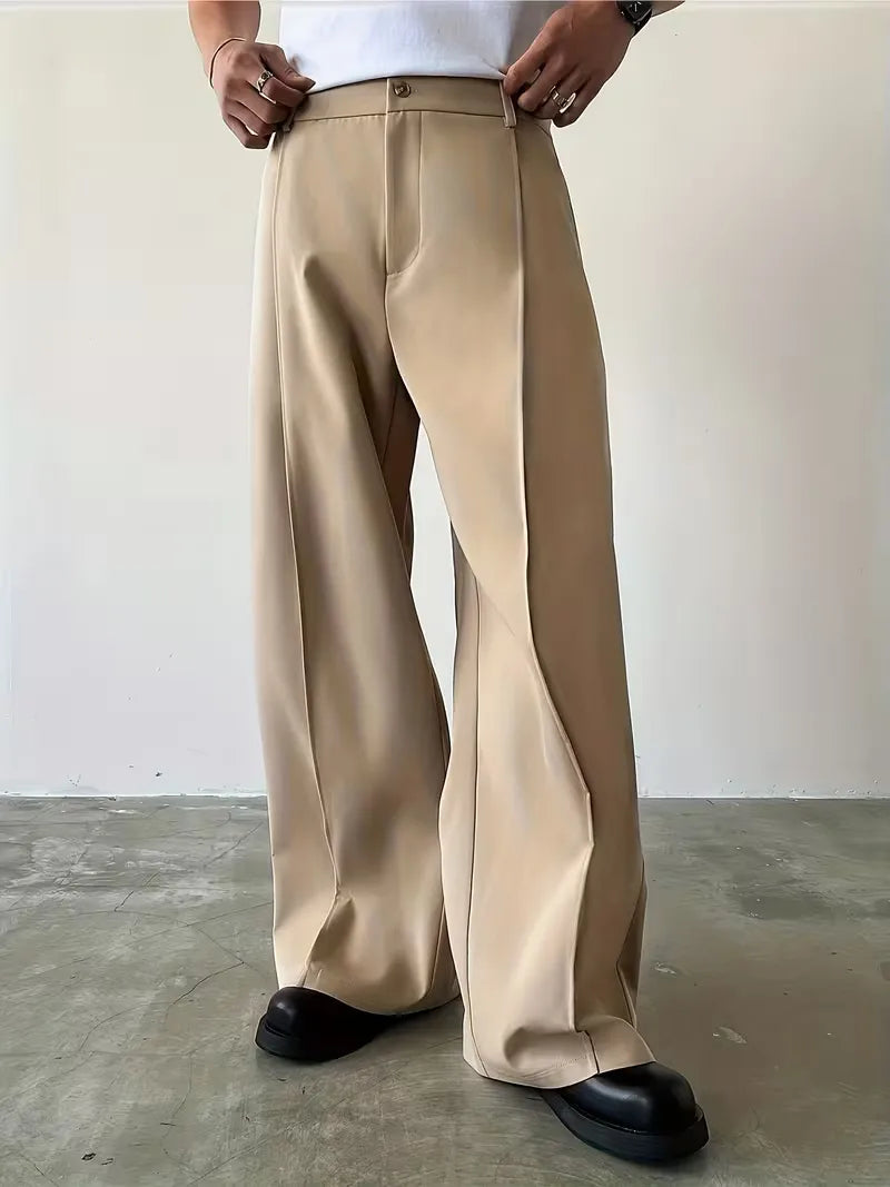 Pleated Design Trousers with Loose Straight Leg