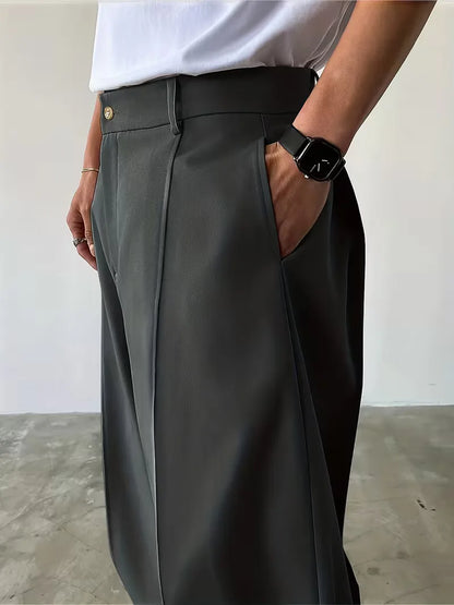 Pleated Design Trousers with Loose Straight Leg