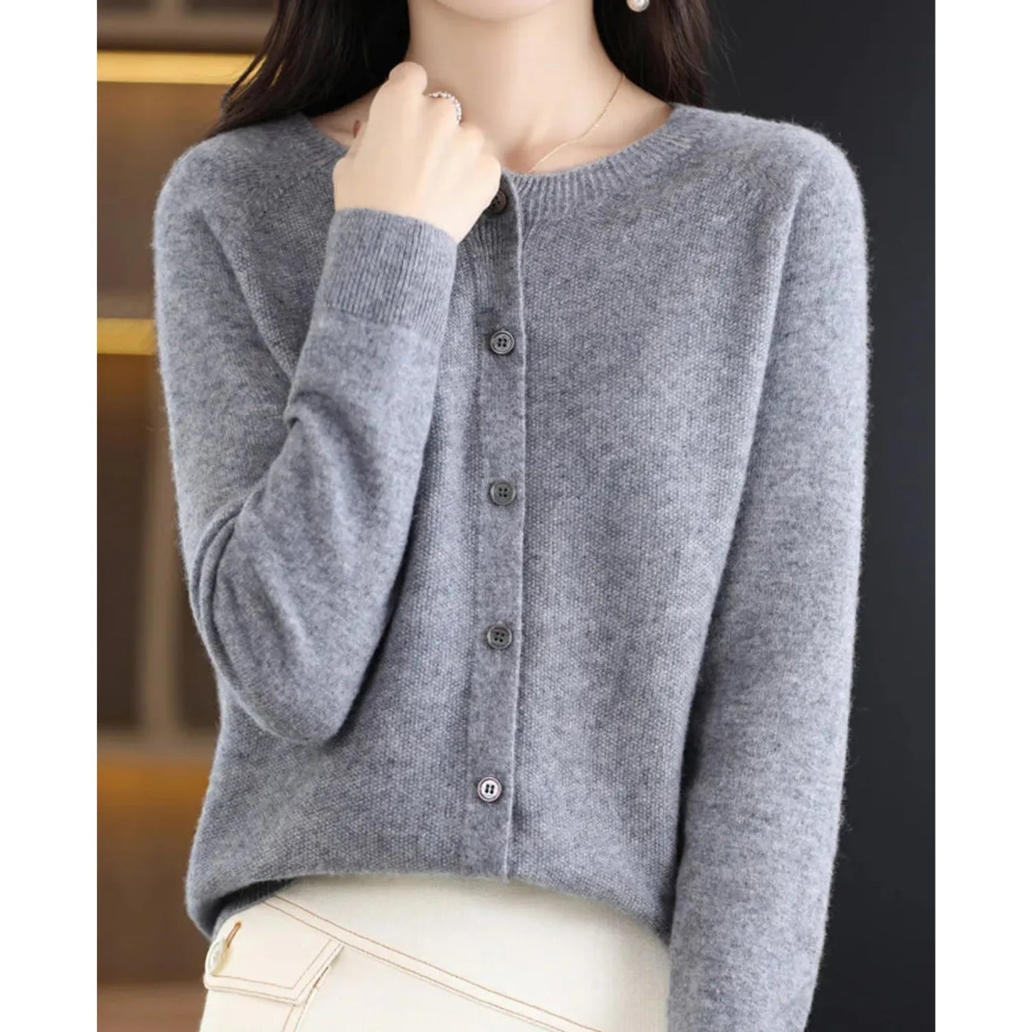 Merino Wool Cardigan with Button Closure and Long Sleeves