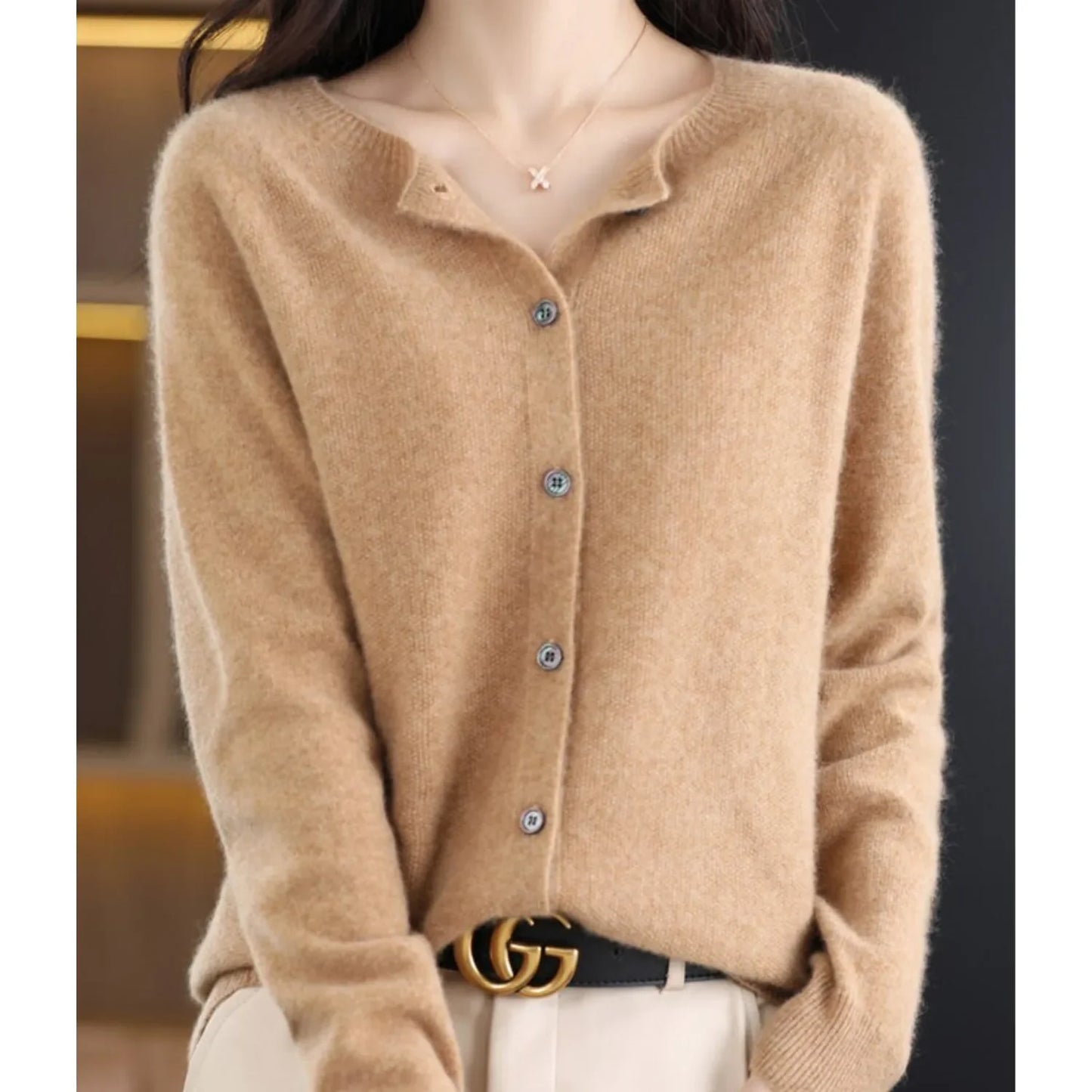 Merino Wool Cardigan with Button Closure and Long Sleeves