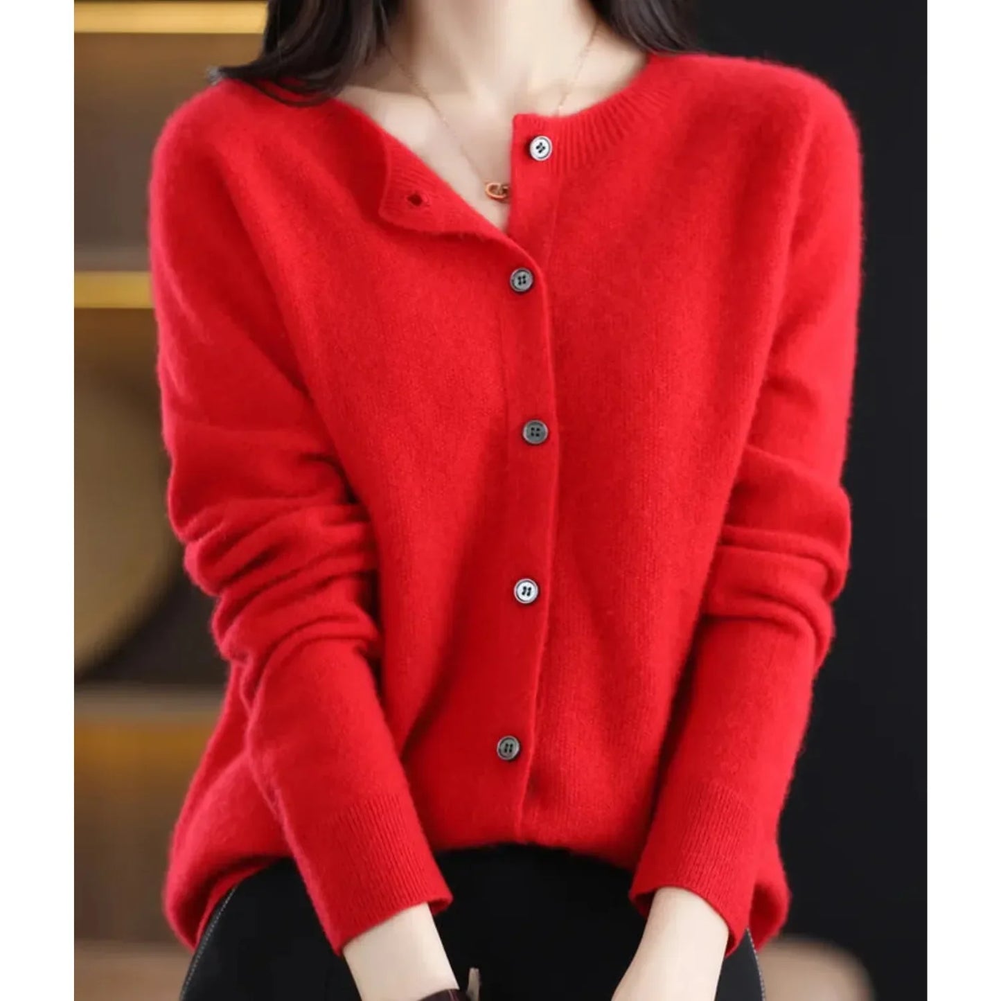 Merino Wool Cardigan with Button Closure and Long Sleeves