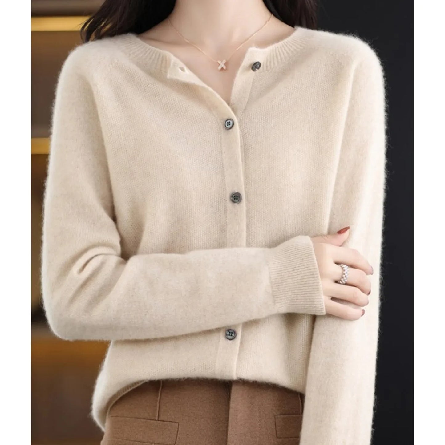 Merino Wool Cardigan with Button Closure and Long Sleeves