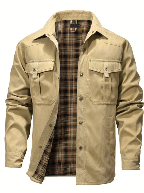 Cargo jacket with lapel collar and button closure
