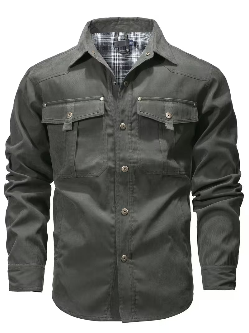 Cargo jacket with lapel collar and button closure