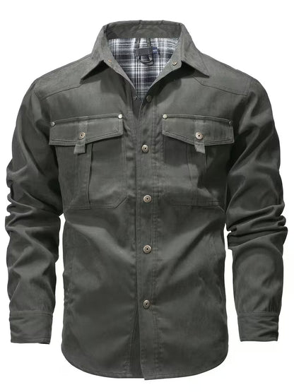 Cargo jacket with lapel collar and button closure