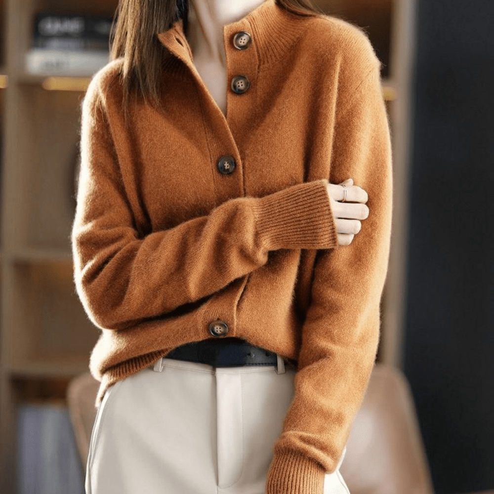 Cashmere cardigan with stand-up collar