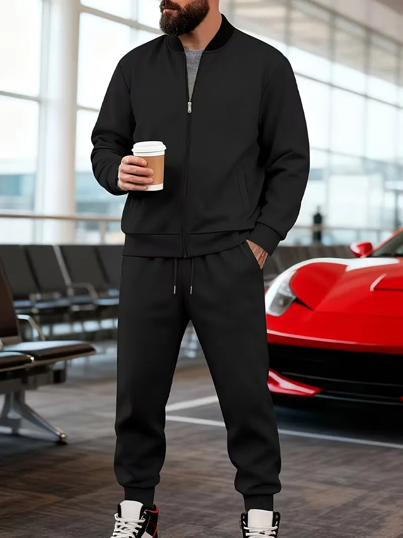 Casual men's set - zip jacket with round neck and trousers