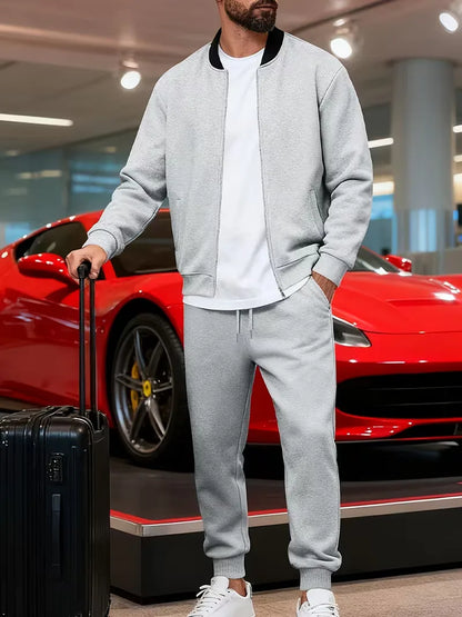 Casual men's set - zip jacket with round neck and trousers