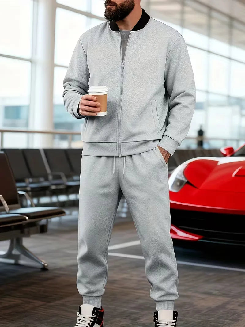 Casual men's set - zip jacket with round neck and trousers