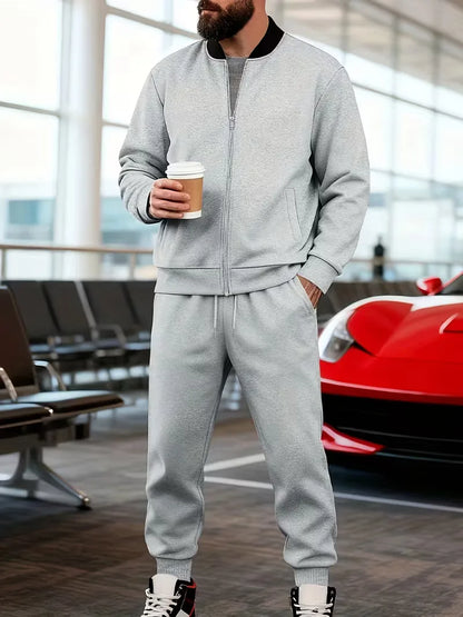 Casual men's set - zip jacket with round neck and trousers