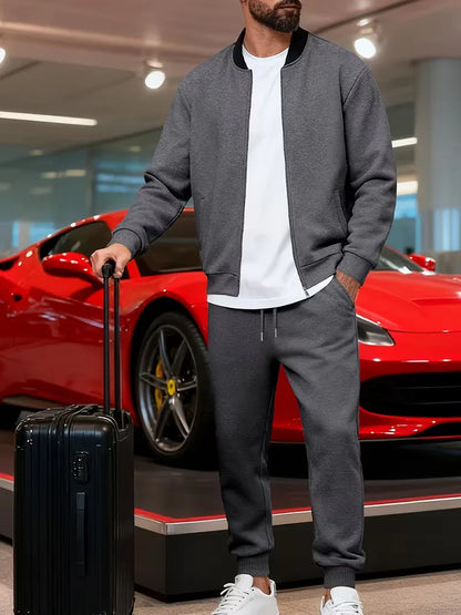 Casual men's set - zip jacket with round neck and trousers