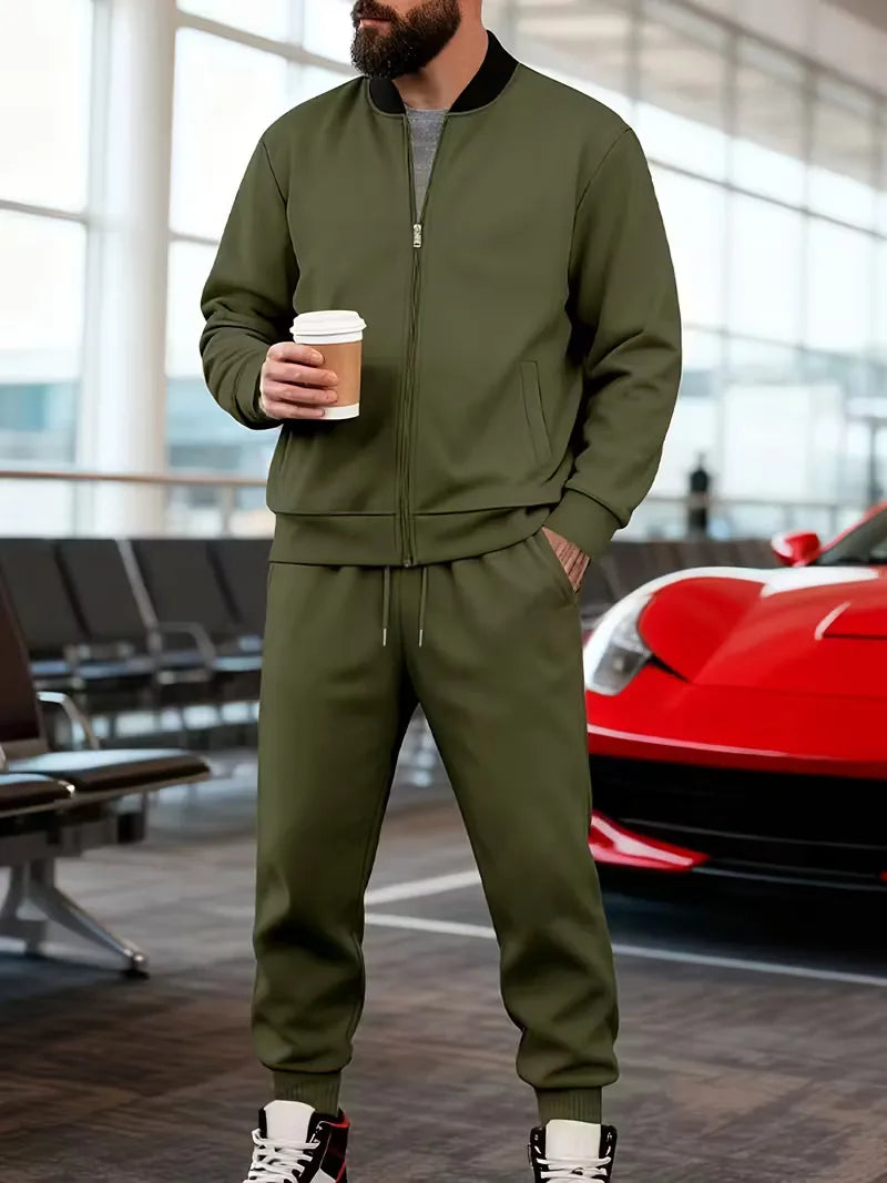 Casual men's set - zip jacket with round neck and trousers