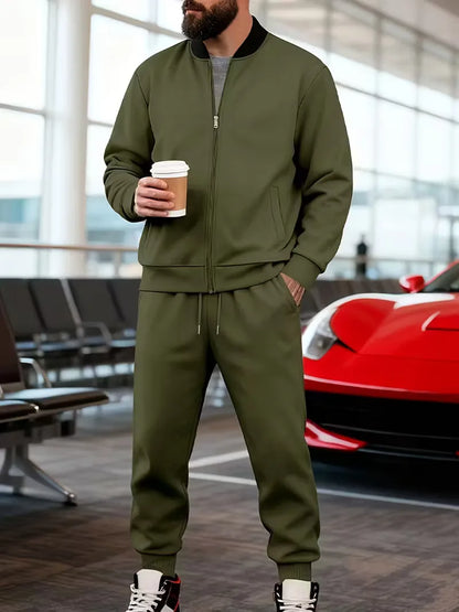 Casual men's set - zip jacket with round neck and trousers
