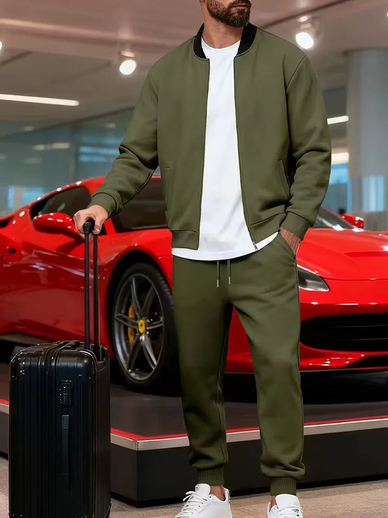 Casual men's set - zip jacket with round neck and trousers