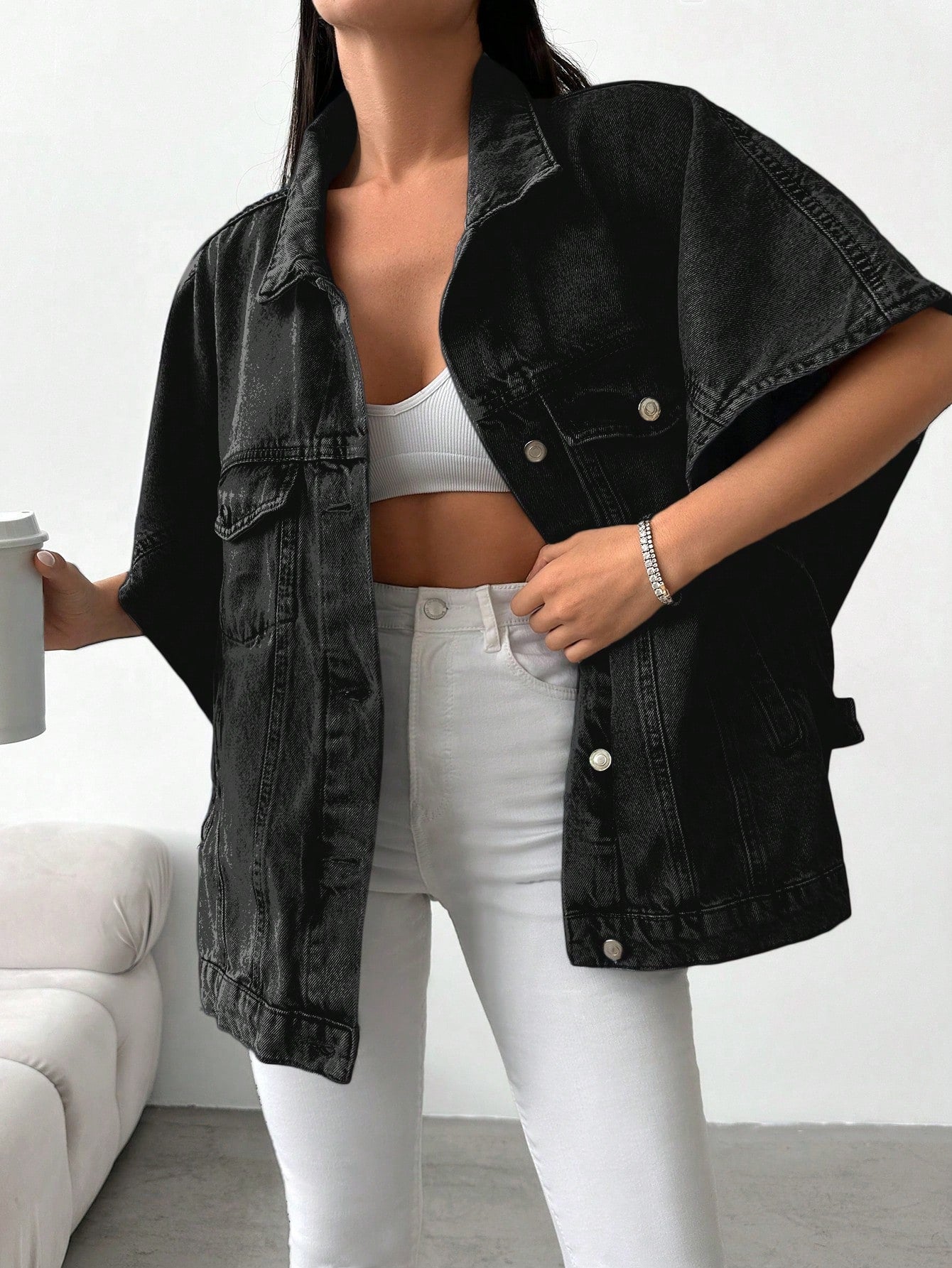 Denim Jacket with Loose Fit and Half Sleeves
