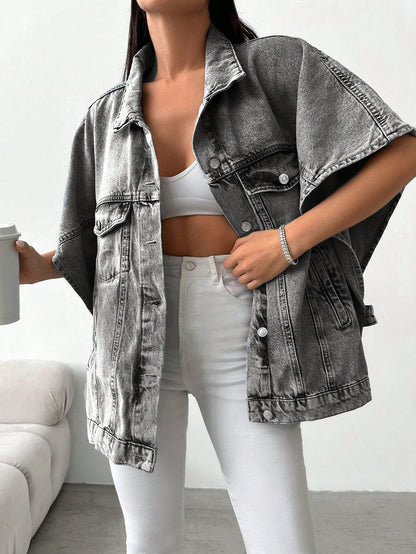 Denim Jacket with Loose Fit and Half Sleeves