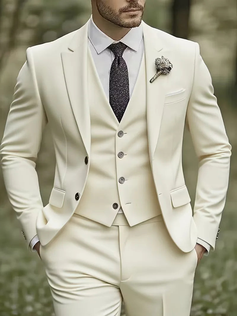 Three-piece men's suit with slim fit and glossy finish