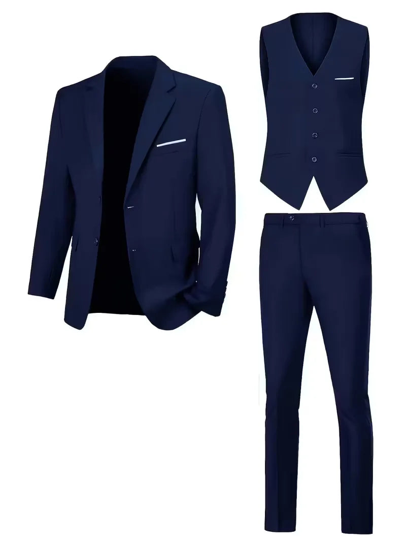 Three-piece men's suit with slim fit and glossy finish