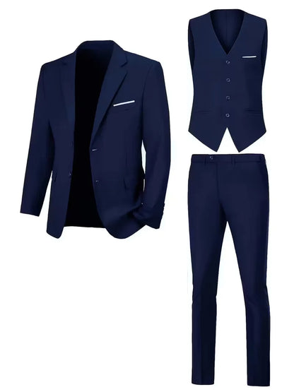 Three-piece men's suit with slim fit and glossy finish
