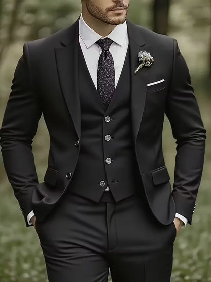 Three-piece men's suit with slim fit and glossy finish