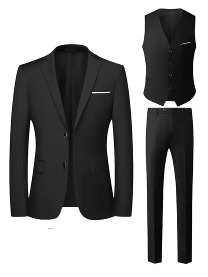 Three-piece men's suit with slim fit and glossy finish