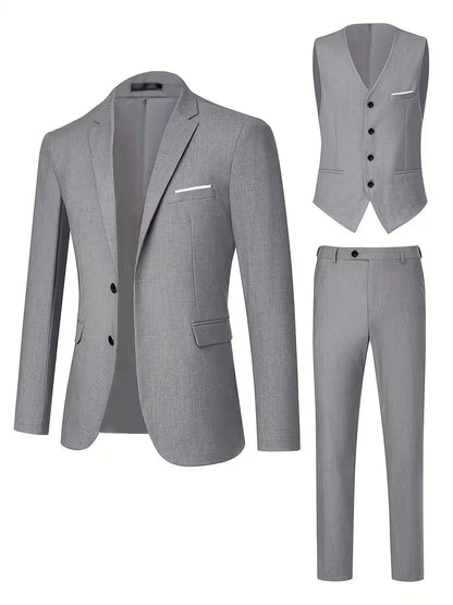 Three-piece men's suit with slim fit and glossy finish