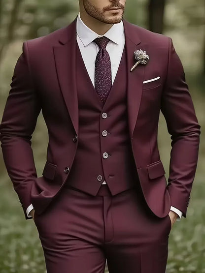 Three-piece men's suit with slim fit and glossy finish